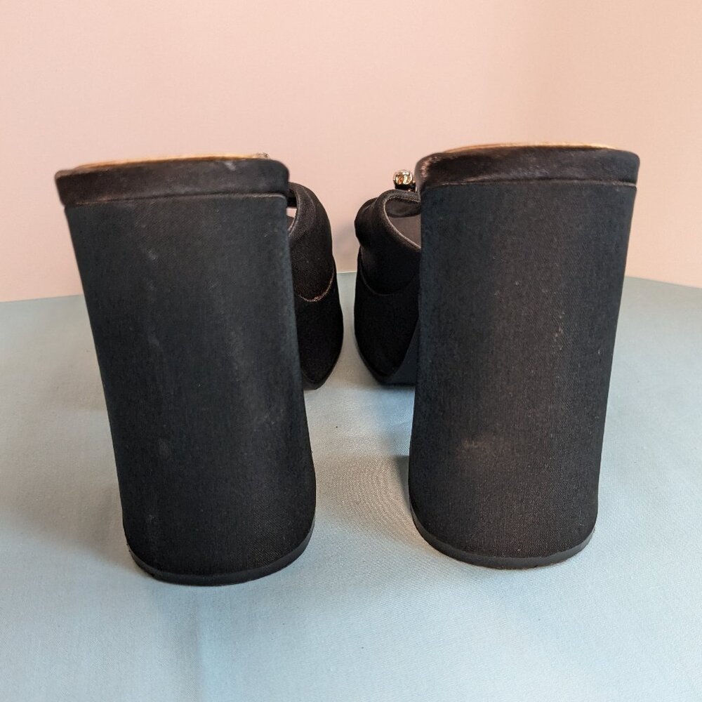 Vintage Chunky Heel Shimmer Black Platform Skechers Rhinestone Buckle Heels - Picture 15 of 16